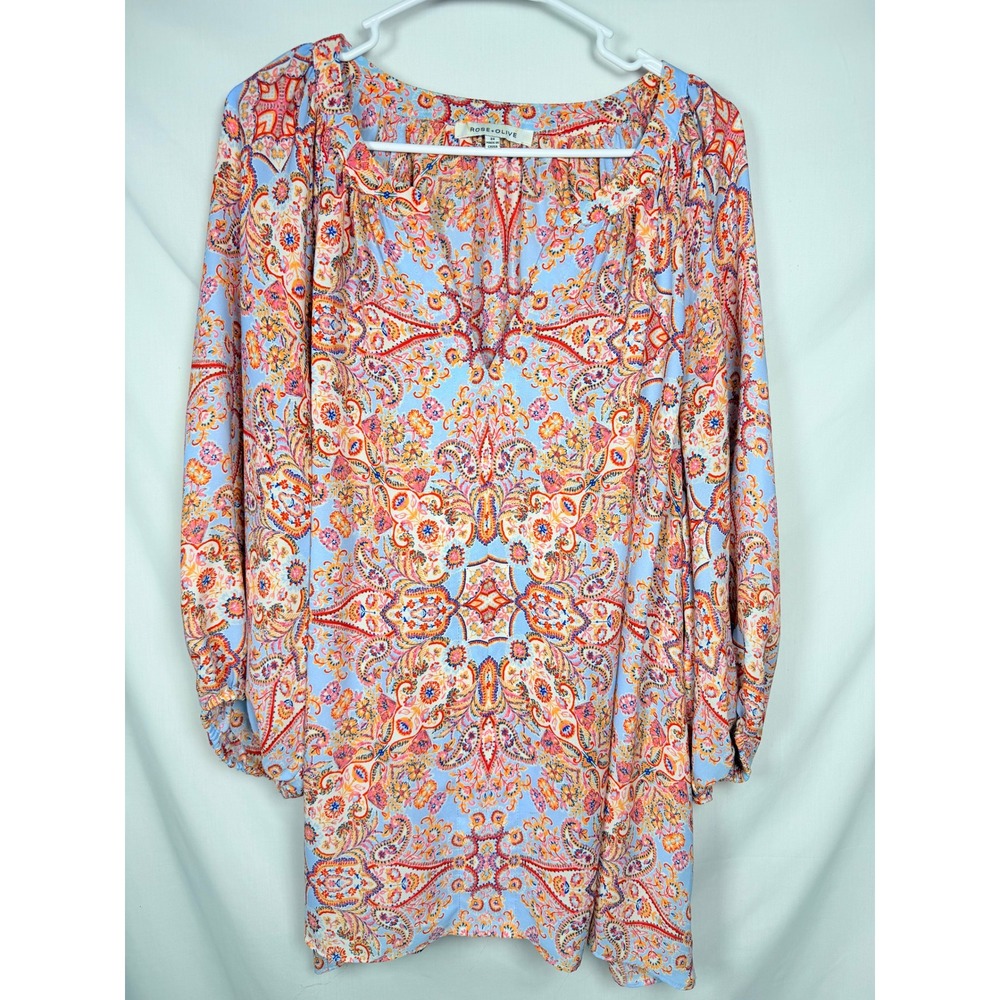 Rose + Olive Womens Plus 3X Paisley Blouse Blue Pink Boho Long Sleeve Tunic Top